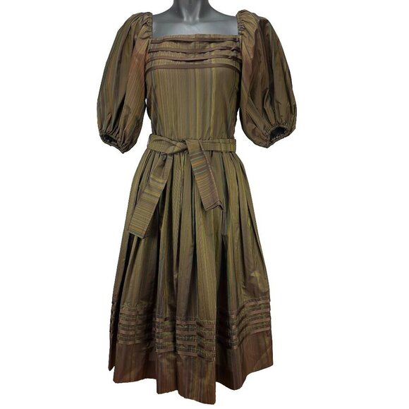 ALBERT NIPON VTG 70's Balloon Sleeves Chocolat Brown Green Taffeta Tent Dress S‎ - Picture 4 of 12